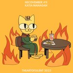 1:1 2023 :3 anthro bethesda_softworks beverage big_eyes biped black_eyes brand_parody burger burger_king cat_smile chair closed_smile clothing colored container crossover crown cup digital_media_(artwork) drinking_straw felid female fire food fries fur furniture fusion green_clothing headgear hi_res hindpaw holding_object katia_managan khajiit looking_offscreen mammal microsoft mitten_hands mouth_closed neco-arc on_chair paws pink_nose prequel_adventure robe shaded sitting sitting_on_chair smile soda solo table text the_elder_scrolls theartofsilent this_is_fine tsukihime type-moon yellow_body yellow_fur