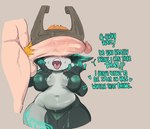 areola armor balls big_breasts big_penis black_body blush bodily_fluids breasts cadslime clothing dialogue disembodied_penis female front_view fused_shadow genitals green_areola green_nipples grey_background grey_body hair headgear headwear helmet hi_res huge_penis humanoid humanoid_pointy_ears imp male male/female midna navel nintendo nipples nude open_mouth orange_hair penis penis_on_face pussy short_stack simple_background solo_focus sweat sweatdrop tan_body tan_skin text the_legend_of_zelda thick_thighs tongue tongue_out twili twilight_princess wide_hips