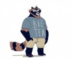 anthro bottomwear brown_body brown_fur clothing footwear fur male overweight overweight_anthro overweight_male sandals shirt shoes shorts simple_background solo text topwear white_background cyanroll kuon_(cyanroll) canid canine mammal raccoon_dog tanuki 2019