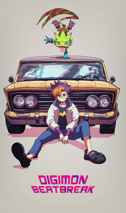 anthro blep car clothing duo eyewear footwear glasses green_body hair handstand male multicolored_hair sitting tongue tongue_out vehicle kubota_keita bandai_namco crocs digimon digimon_beatbreak tomoro_tenma digimon_(species) gekkomon human mammal scalie absurd_res hi_res