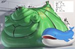 belly bellylliumu bodily_fluids duo feral generation_3_pokemon hi_res immobile japanese_text legendary_pokemon morbidly_obese nintendo obese out_of_breath overweight pokemon pokemon_(species) rayquaza size_difference sweat sweatdrop sweaty_belly sweaty_body text translated wailord
