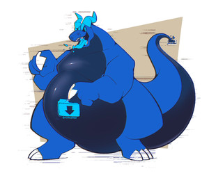 3_toes 4_fingers anthro belly big_arms big_belly black_body blue_body blue_eyes blue_horn blue_tongue cellphone claws coming_out_of_phone electronics feet fingers horn huge_belly male moobs obese obese_anthro obese_male open_mouth open_smile overweight overweight_anthro overweight_male phone poking_belly smartphone smile solo tail teeth text thick_neck thick_tail toes tongue tongue_out wide_hips boot_(artist) mythology data_(boot) digital_creature dragon mythological_creature mythological_scalie scalie 2021 colored english_text