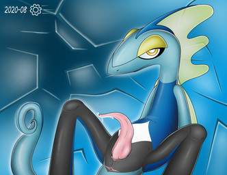 anthro bodily_fluids erection genital_fluids genitals male penis precum sitting solo the-cog nintendo pokemon generation_8_pokemon inteleon pokemon_(species) hi_res