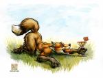 alcohol anthro ass_up belly beverage black_nose casual_nudity cloud cocktail cocktail_garnish cocktail_umbrella fluffy fluffy_tail fur gloves_(marking) grass holding_object leg_markings male markings martini nude open_mouth orange_body orange_fur outside paws pink_tongue plant side_view sky socks_(marking) solo tail text tongue tongue_out white_belly keovi canid canine fox mammal url