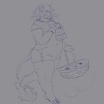 anthro basket bottle clothing container female floppy_ears fluffy hair hooves overalls pattern_clothing picnic_basket shirt short_hair slightly_chubby slightly_chubby_female solo striped_clothing stripes tail tail_tuft thick_thighs topwear tuft katsfish miravine bovid bovine cattle mammal 1:1 hi_res sketch