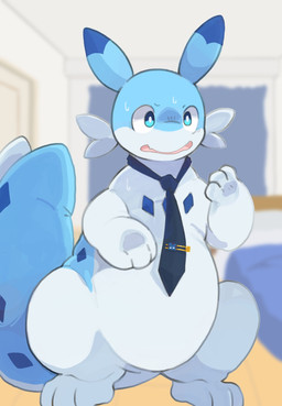 after_transformation anthro blue_body blue_eyes blue_markings blue_necktie blue_tail bodily_fluids cheek_tuft countershade_torso countershading dipstick_ears ear_markings facial_tuft lapel_pin male markings mostly_nude multicolored_ears necktie necktie_only open_mouth paws solo standing sweat sweatdrop tail thick_tail tuft wide_eyed tinntira palworld pocketpair chillet mammal mustelid musteline pal_(species) hi_res