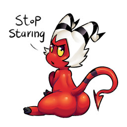 big_butt butt chibi dialogue looking_at_viewer male not_furry nude open_mouth red_body shota solo text young young_humanoid young_male kinkykong hellaverse helluva_boss moxxie_(helluva_boss) demon humanoid 1:1 digital_media_(artwork) english_text