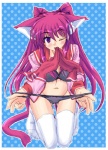 border bottomless bra clothed clothing female hair legwear looking_at_viewer one_eye_closed panties partially_clothed pattern_background purple_eyes red_hair school_uniform seductive simple_background solo tail thigh_highs underwear undressing uniform white_border kamisato_kisugi to_heart_2 kousaka_tamaki animal_humanoid cat_humanoid felid felid_humanoid feline feline_humanoid humanoid mammal mammal_humanoid