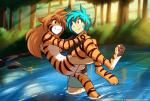 2019 adobe_photoshop_(artwork) anthro blue_hair breasts bridal_carry butt carrying_another casual_nudity censored clothed clothing colored conditional_dnp convenient_censorship countershading digital_media_(artwork) digitigrade duo felid female flora_(twokinds) forest fur hair hi_res human keidran male mammal multicolored_body multicolored_fur nude orange_body orange_fur outside pantherine partially_submerged pawpads plant river side_boob smile striped_body striped_fur stripes tail tiger tom_fischbach trace_legacy tree twokinds water white_body white_fur