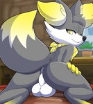 anthro anus ball big_butt butt fur genitals grey_body grey_fur kerchief looking_at_viewer looking_back male presenting presenting_hindquarters simple_background smile solo tail sallandril nintendo pokemon allandi fan_character fennekin generation_6_pokemon pokemon_(species) digital_media_(artwork) hi_res