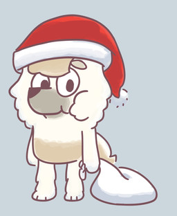 anthro christmas_clothing christmas_headwear clothing female fur grey_background happy hat head_tuft headgear headwear holidays looking_at_viewer multicolored_body multicolored_fur paws sack santa_hat simple_background smile solo tail tail_tuft tuft tufted_fur white_body white_fur b2c bluey_(series) christmas judo_(bluey) canid canine canis chow_chow domestic_dog mammal spitz digital_media_(artwork) hi_res