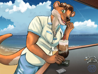 anthro ashtray beach beach_bar beverage bottomwear cigarette cigarette_butt clothed clothed_male clothing coffee ear_piercing ear_ring jewelry lighter male pendant piercing ring_piercing sand sea short_sleeved_shirt shorts solo summer water alphasabre mammal mustelid otter