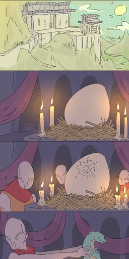 anthro banana birth book candle egg fire food fruit green_body green_scales hatching_from_egg hay horn male monk plant reading scales sun temple tongue young jam_(artist) human lizard mammal reptile scalie absurd_res aliasing binary_drawing colored comic digital_drawing_(artwork) digital_media_(artwork) hi_res