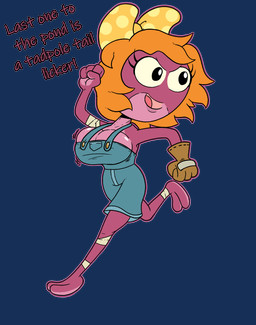 anthro big_breasts bouncing_breasts bow_(feature) breasts clothing female gloves handwear loli oppai_loli overalls shortalls solo thin_calves thin_legs thin_thighs tomboy young mysterywhiteflame amphibia_(series) disney polly_plantar amphibian frog absurd_res alpha_channel hi_res