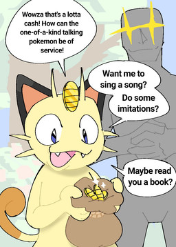 anthro bag duo glowing glowing_eyes imminent_sex male money outside size_difference text pb-art nintendo pokemon team_rocket anon meowth_(team_rocket) generation_1_pokemon human mammal meowth pokemon_(species) comic english_text hi_res
