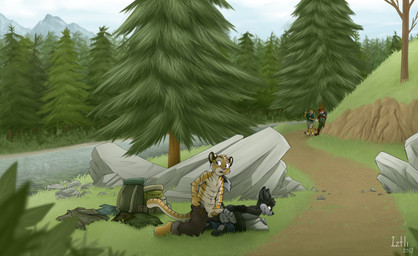 4_fingers 4_toes 5_fingers all_fours anthro anthro_on_anthro anus backpack backsack balls barefoot bedroom_eyes belt black_body black_fur black_hair black_nose black_pawpads blue_eyes bottomwear bottomwear_down brown_body brown_eyes brown_fur brown_pawpads butt chest_tuft claws clothed clothing detailed_background discarded_clothing duo_focus ears_back enhibitionism erection eye_contact fangs feet fingerless_(marking) fingers foreskin forest fur genitals gloves_(marking) grass grey_body grey_fur grin group hair half-closed_eyes hand_on_butt hiding hiking hindpaw holding_own_penis holding_penis humanoid_genitalia humanoid_penis imminent_sex inner_ear_fluff kneeling larger_male leg_markings looking_at_another looking_at_partner looking_away looking_back male male/male markings mountain multicolored_body multicolored_fur narrowed_eyes nervous open_mouth open_smile orange_body orange_fur outside pants pants_down partially_clothed partially_retracted_foreskin pawpads paws penis penis_poking_out perineum pink_nose pivoted_ears plant presenting presenting_hindquarters public purple_eyes raised_tail red_body red_fur river rock seductive shirt short_hair shorts size_difference sky smaller_male smile smirk socks_(marking) sparkles spread_butt spreading stripes suggestive tail teeth toe_claws toeless_(marking) toes tongue topless topless_anthro topless_male topwear tree tuft unbuttoned unzipped walking water white_body white_fur young young_anthro young_male young_on_young zipper iztli iztli_(iztli) canid canine canis cheetah felid feline fox mammal pantherine tiger wolf 2017 absurd_res hi_res signature watermark