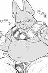 anthro belly bodily_fluids bottomwear bulge clothed clothing cum genital_fluids implied_handjob licking licking_lips male moobs nipples overweight pants shirtless solo tongue chiro_(artist) dragon_ball dragon_ball_super champa domestic_cat felid feline felis mammal hi_res monochrome