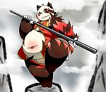 anthro belly blush clothed clothing fur kemono male navel overweight overweight_anthro overweight_male red_body red_fur solo weapon white_body white_fur chiro_(artist) fanfan bear giant_panda mammal 2010 shaded