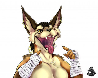 anthro bandage big_breasts bodily_fluids breasts ear_piercing ear_ring female fur gesture hand_gesture mouth_shot open_mouth piercing pointing pointing_at_self ring_piercing saliva solo teeth tongue nolow felid feline lynx mammal 2017