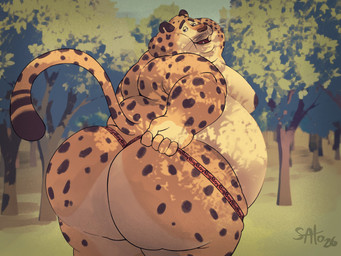 anthro bedroom_eyes belly big_belly big_butt brown_nose butt chubby_cheeks clothed clothing fur grass holding_clothing holding_object holding_underwear huge_butt looking_at_viewer male markings moobs narrowed_eyes nipples obese obese_anthro obese_male overweight overweight_anthro overweight_male plant seductive solo spots spotted_body spotted_fur tail thong tree underwear underwear_only whiskers yellow_body yellow_fur sato_leone disney zootopia benjamin_clawhauser cheetah felid feline mammal 2026 4:3 hi_res