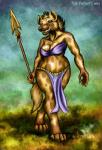 anthro bottomwear clothed clothing curvy_figure fangs female grass loincloth melee_weapon plant polearm skimpy solo spear teeth voluptuous weapon wide_hips kekpafrany gnoll hyena mammal spotted_hyena 2014 digital_media_(artwork) hi_res