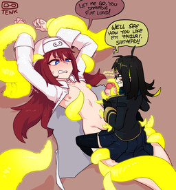 annoyed blue_eyes bottomwear bound clothing duo eyewear female female_on_top glasses legwear male male/female mostly_nude on_top pleated_skirt skirt submissive submissive_male tentacles thigh_highs thetenk human humanoid mammal hi_res