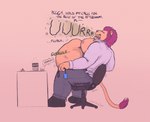 abdominal_bulge anthro anthro_pred belly big_belly duo male male_pred moobs office oral_vore overweight overweight_male solo text vore sertralion canid canine felid lion mammal pantherine absurd_res english_text hi_res