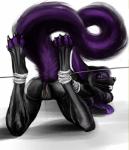 anthro ball_gag bdsm black_body black_fur black_hair bodily_fluids bondage bound butt clitoris female fur gag gagged genital_fluids genitals hair hands_behind_back looking_at_viewer looking_back nude purple_body purple_eyes purple_fur pussy rear_view rope solo submissive submissive_female vaginal_fluids sephrendemon canid canine fox mammal 2016 hi_res