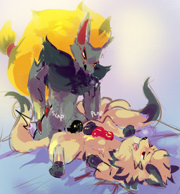 anal anal_penetration animal_genitalia animal_penis anthro anthro_on_feral anthro_penetrating anthro_penetrating_feral bed_sheet bedding bedroom bestiality biped canine_genitalia canine_penis duo feral feral_penetrated fur genitals grey_body grey_fur knot knotted_penis male male/male penetration penile penile_penetration penis penis_in_ass plap_(sound) quadruped sex yellow_body yellow_fur zanthu nintendo pokemon aldehyde_(magadan) flare_(flare1095) canid canid_demon demon generation_1_pokemon generation_5_pokemon mammal ninetales pokemon_(species) zoroark digital_media_(artwork) digital_painting_(artwork) hi_res painting_(artwork)