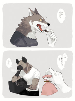 anthro black_markings black_spots brown_body brown_fur candy chocolate cigarette clothed clothing dessert dialogue duo eating food fur holidays kemono male male/male markings multicolored_body multicolored_fur shirt smoking smoking_cigarette speech_bubble spots spotted_body spotted_fur t-shirt text topwear two_tone_body two_tone_fur white_body white_fur k0bit0wani valentine's_day canid canine canis hyena mammal spotted_hyena wolf 2021 absurd_res comic hi_res japanese_text translation_check translation_request