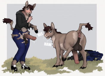 animal_genitalia animal_penis anthro anus balls braying equine_genitalia equine_penis feral genitals grass male open_mouth penis plant raised_tail tail transformation trailofanimals asinus donkey equid equine mammal hi_res