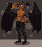 abs anthro biceps black_bottomwear black_clothing black_jeans black_pants boots bottomwear brown_eyes brown_hair clothed clothing denim denim_bottomwear denim_clothing duo flexing flexing_bicep footwear hair head_wings jeans male pants shoes short_hair simple_background smile topless unusual_wing_placement wings sunblink project_future dorcan canid canine canis cubi_(race) dobermann domestic_dog mammal pinscher 2014