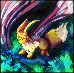abstract_background ambiguous_gender big_ears black_border border brown_body brown_fur chest_tuft dipstick_tail eyes_closed feral fur grass hair markings paint plant quadruped short_hair simple_background solo tail tail_markings tuft white_body white_fur sayuri-lilly nintendo pokemon canid canine eevee generation_1_pokemon mammal pokemon_(species) source_request