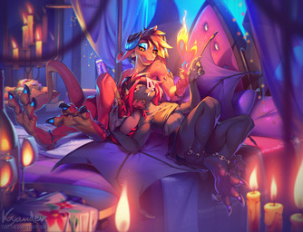 4_toes 5_fingers anklet anthro barefoot bed breasts chain clothed clothing countershade_feet countershading digitigrade duo eyebrows eyelashes fantasy feet female fingers furniture horn jewelry lying membrane_(anatomy) membranous_wings on_back sitting smile soles toes wings kyander ixefina_(furguest772) pyrexia_(furguest772) bat demon leaf-nosed_bat mammal microbat reptile scalie vampire_bat yangochiropteran 2021 colorful_theme digital_media_(artwork)