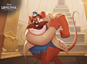 anthro barefoot blue_clothing blue_sweater blue_topwear clothing facial_hair feet green_eyes hat headgear headwear jacket male mustache open_mouth solo stairs sweater tail text topwear walking ellemnian chip_'n_dale_rescue_rangers disney disney_lorcana monterey_jack mammal mouse murid murine rodent 2025 digital_media_(artwork) english_text hi_res official_art