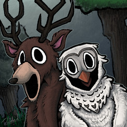 anthro antlers brown_body brown_fur creepy creepy_smile duo feathers fog forest fur horn looking_at_viewer male plant smile tree white_body wide_smile deidad_dissitum 99_nights_in_the_forest roblox deer_(99_nights_in_the_forest) owl_(99_nights_in_the_forest) avian bird deer mammal monster owl 1:1 hi_res