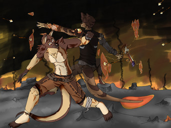 5_fingers 5_toes anklet anthro bottomwear brown_body brown_fur brown_hair claws clothed clothing crystal double_claw eye_scar facial_scar feet fighting_pose fingers fluffy full_foot_pawpads fur grey_pawpads hair jewelry male male/male nose_plates orange_eyes padded_palms pants pawpads paws pink_pawpads pink_soles plantigrade pose scar shield shirt shorts shoulder_crystals spade_tail tail tan_body tan_fur toes topless topwear weapon feltrino professor_(razim) professor_von_eucalyptus ra'zim gulonine hybrid kangaroo macropod mammal marcep marsupial marten mustelid musteline sable_(marten) 2025