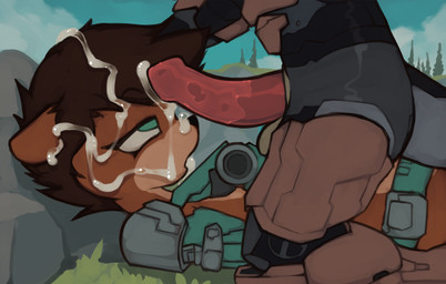armor balls bodily_fluids brown_body brown_fur brown_hair cum cum_in_hair cum_on_face detailed_background duo faceless_character faceless_male fur genital_fluids genitals grass green_eyes hair kneeling looking_at_genitalia looking_at_penis lying male male/male on_back oral outside penis penis_in_face plant rock short_hair sky space_marine straddling tan_body tan_fur tree marsminer halo_(series) made_in_abyss microsoft xbox_game_studios keith_(marsminer) rousso mammal mustelid narehate otter spartan_(halo) hi_res
