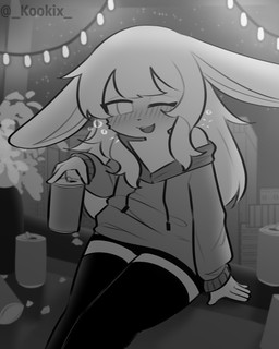 anthro beverage_can blush blush_lines bubble city city_background clothing drunk drunk_bubble female female_anthro hoodie legwear open_can plant solo substance_intoxication thigh_highs topwear kookix canid canine fox mammal 4:5 absurd_res greyscale hi_res monochrome