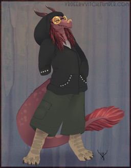 anthro biped black_clothing black_sweater black_topwear bottomwear clothed clothing eyes_closed eyewear female fully_clothed glasses green_bottomwear green_clothing green_shorts horn shorts solo standing sweater topwear deervvitch scalie species_request 2018 character_request