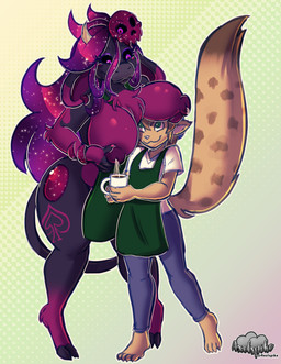 4_toes anthro apron big_breasts black_body black_fur bodily_fluids boob_hat breast_milking breasts chest_tuft clothing coffee_mug duo feet female fur hooves horn huge_breasts lactating larger_female male male/female milk milking_into_cup raised_tail size_difference skull_accessory smaller_male tail toes tuft axelspike vexy_(vexinglyyours) bovid bovine cattle highland_cattle hybrid mammal nonbinary_(lore)