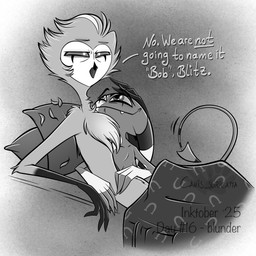 4_eyes 4_fingers anthro beak bed_covers bedding canon_couple chest_tuft dialogue duo fangs feather_tuft feathers fingers horn loose_feather male markings mouth_closed multi_eye nude open_mouth pillow pregnant pregnant_male raised_tail smile spade_tail striped_markings striped_tail stripes tail tail_markings teeth text tuft under_covers atimon hellaverse helluva_boss blitzo_(helluva_boss) stolas_(helluva_boss) avian demon demon_humanoid horned_humanoid humanoid imp owl_demon 1:1 2025 english_text hi_res monochrome signature