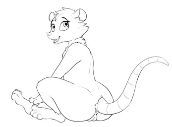 anthro anus biped butt cheek_tuft claws eyebrows facial_tuft feet female genitals head_tuft looking_at_viewer looking_back looking_back_at_viewer nude open_mouth open_smile rear_view simple_background sitting smile solo thick_thighs toe_claws toes tuft vulva white_background wide_hips young young_anthro young_female conditional_dnp psy101 american_opossum mammal marsupial 2025 hi_res line_art monochrome