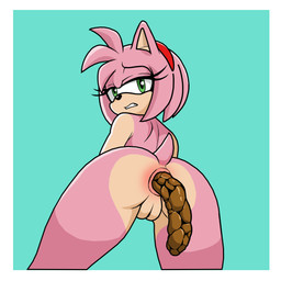 anthro anus black_nose border butt conjoined_eyes eyelashes feces female female_anthro female_pooping fur genitals glistening glistening_eyes green_eyes hair half-closed_eyes humanoid_genitalia humanoid_vulva leaning leaning_forward looking_at_viewer looking_back looking_back_at_viewer looking_down looking_down_at_viewer low-angle_view multicolored_body narrowed_eyes nude nude_anthro nude_female pink_anus pink_body pink_ears pink_fur pink_hair pink_tail pointy_ears pooping prick_ears pupils rear_view red_hairband short_tail shoulder_blades simple_background solo tail tan_body tan_inner_ear tan_vulva teal_background teeth two_tone_body vulva white_border sim_son sega sonic_the_hedgehog_(series) amy_rose eulipotyphlan hedgehog mammal 1:1 2026 absurd_res hi_res