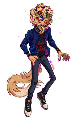 anthro beard blonde_hair brown_body brown_fur brown_nose clothed clothing eyewear facial_hair facial_markings fully_clothed fur hair head_markings hypnosis male markings mind_control solo sunglasses synthwave tongue aricat aricat98 supercrazyhyena seth_häser herpestid mammal mongoose hi_res