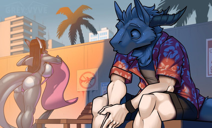 aloha_shirt anthro breasts clothing detailed_background duo female fur horn male pattern_clothing pattern_shirt pattern_topwear shirt sitting topwear greyvyve mythology aquatic dragon fish furred_dragon furred_scalie mythological_creature mythological_scalie scalie shark