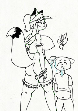 abdominal_bulge after_oral after_sex anthro bell big_breasts big_penis bodily_fluids breasts clothing duo evil_face female footwear genitals hat headgear headwear intersex intersex/male male male/female penis saliva smile socks foxchen fem_(foxchen) ych_(character) canid canine domestic_cat felid feline felis fox mammal