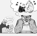 anthro blush fantasizing fantasy flustered group kissy_face male male/male muscular muscular_anthro muscular_male overweight pecs text thought_bubble trio ztockartz dreamworks kung_fu_panda master_po_ping tai_lung_(kung_fu_panda) bear domestic_cat felid feline felis giant_panda mammal hi_res monochrome spanish_text translated