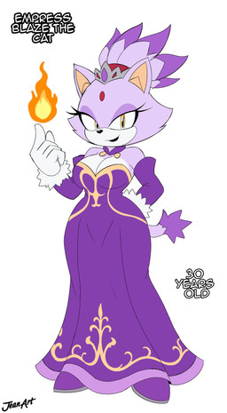 aged_up anthro big_breasts breasts cleavage clothed clothing crown dress elemental_manipulation eyelashes female fire fire_manipulation forehead_gem gem hair headgear lipstick looking_at_viewer makeup ponytail royalty solo tail text jeanart sega sonic_the_hedgehog_(series) blaze_the_cat domestic_cat felid feline felis mammal character_name english_text hi_res signature