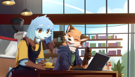 anthro blue_body blue_clothing blue_fur blue_jacket blue_tail blue_topwear brown_eyes cake cheek_tuft clothed clothing computer dessert duo electronics eyes_closed facial_tuft floppy_ears food fur glistening glistening_eyes gloves_(marking) green_clothing green_topwear happy head_tuft inside jacket lamp laptop male markings neck_tuft open_mouth open_smile orange_body orange_fur red_tongue smile standing tail tan_body tan_fur tongue topwear tuft kuttoyaki canid canine fox mammal